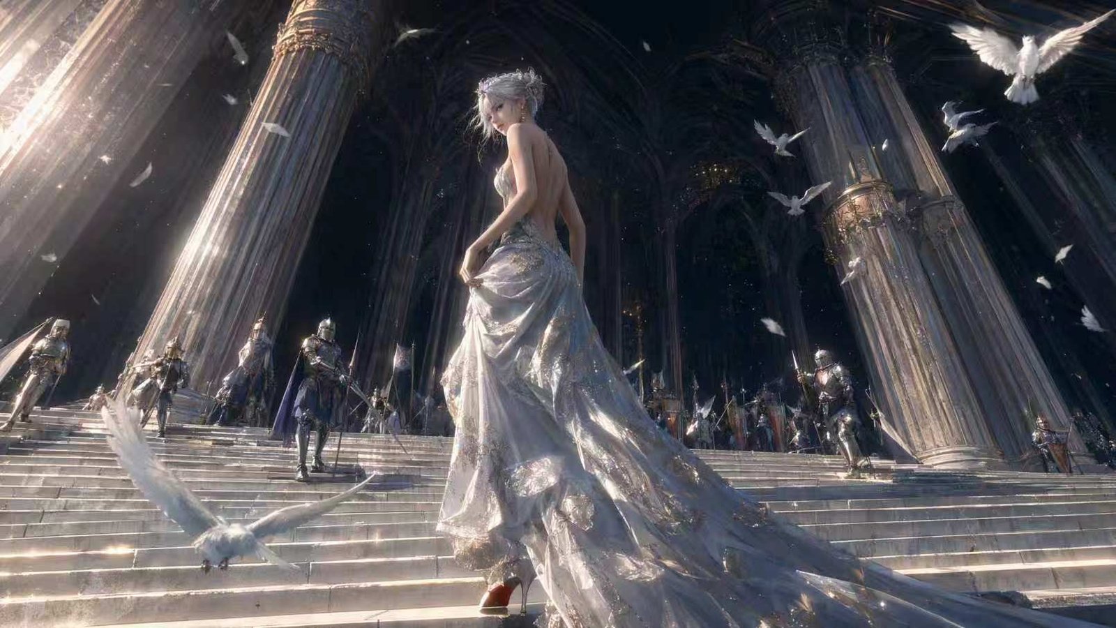 Original digital artwork of a cinematic figure on a grand staircase